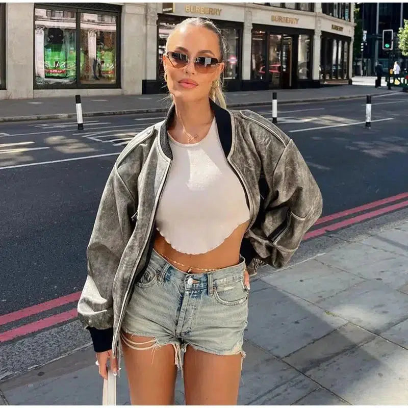 Y2K Oversized Leather Bomber Jacket