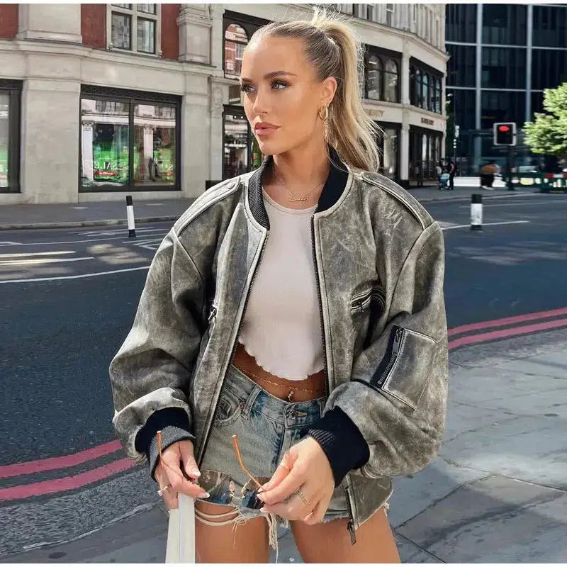 Y2K Oversized Leather Bomber Jacket