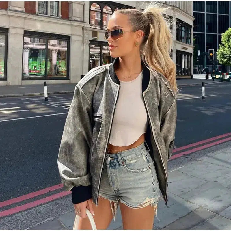 Y2K Oversized Leather Bomber Jacket