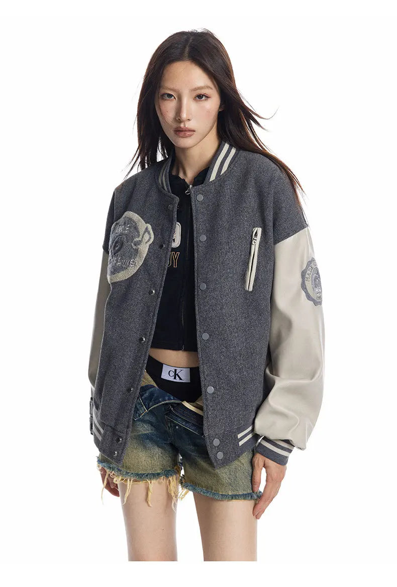Y2K PU Leather Sleeve Embroidered Varsity Jacket