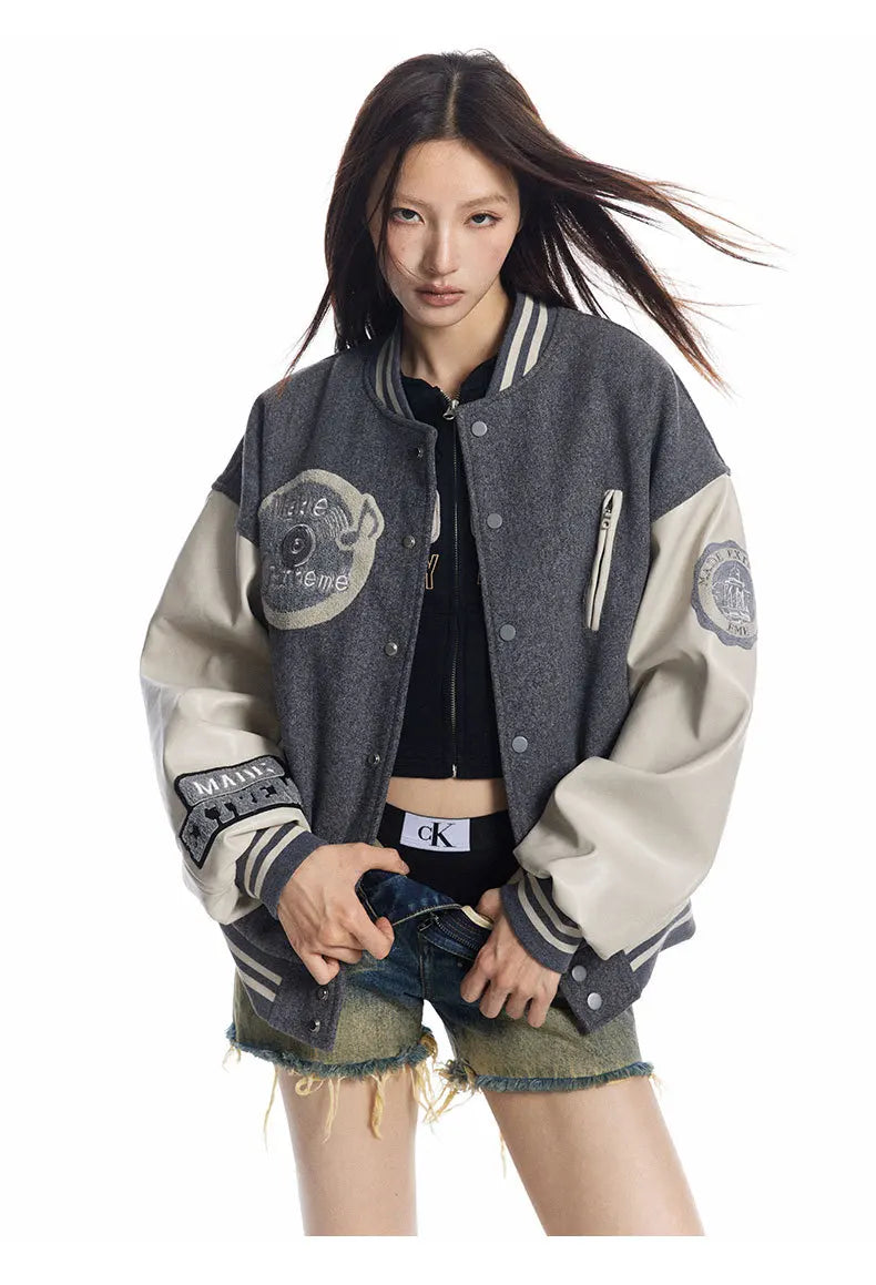 Y2K PU Leather Sleeve Embroidered Varsity Jacket