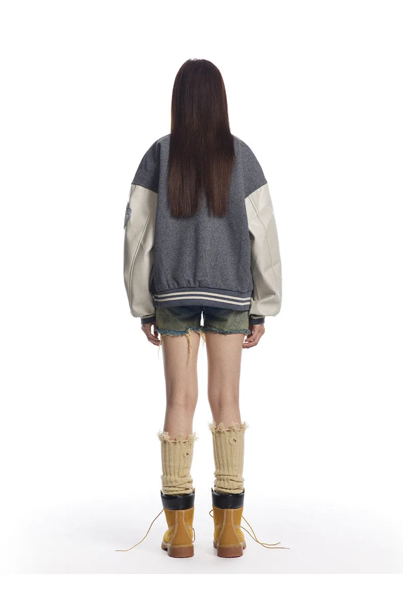 Y2K PU Leather Sleeve Embroidered Varsity Jacket