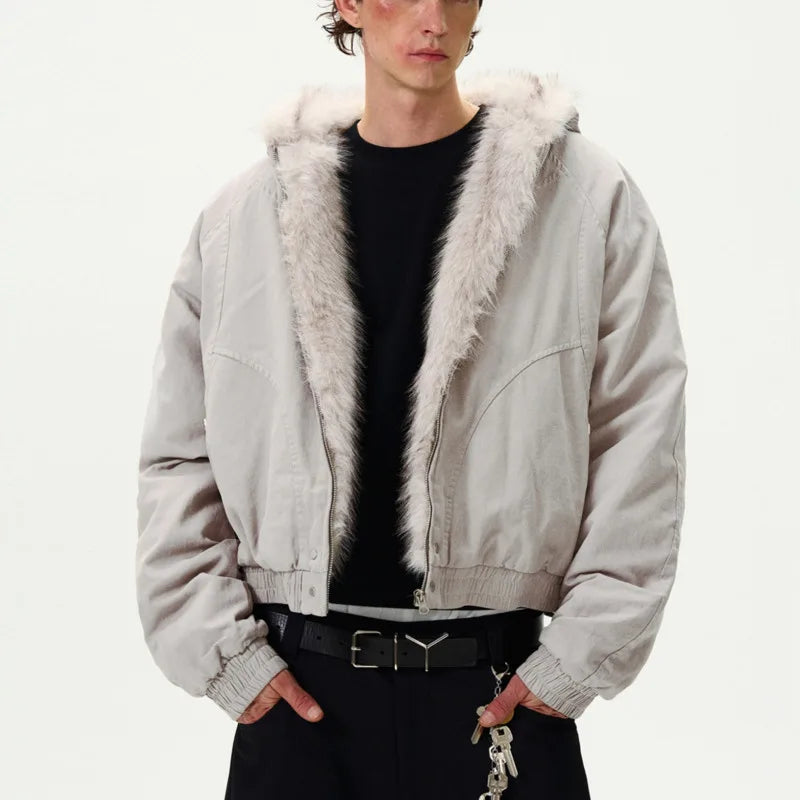 Y2K Patchwork Faux Fur Collar and Zip Line Cotton Jacket Coat