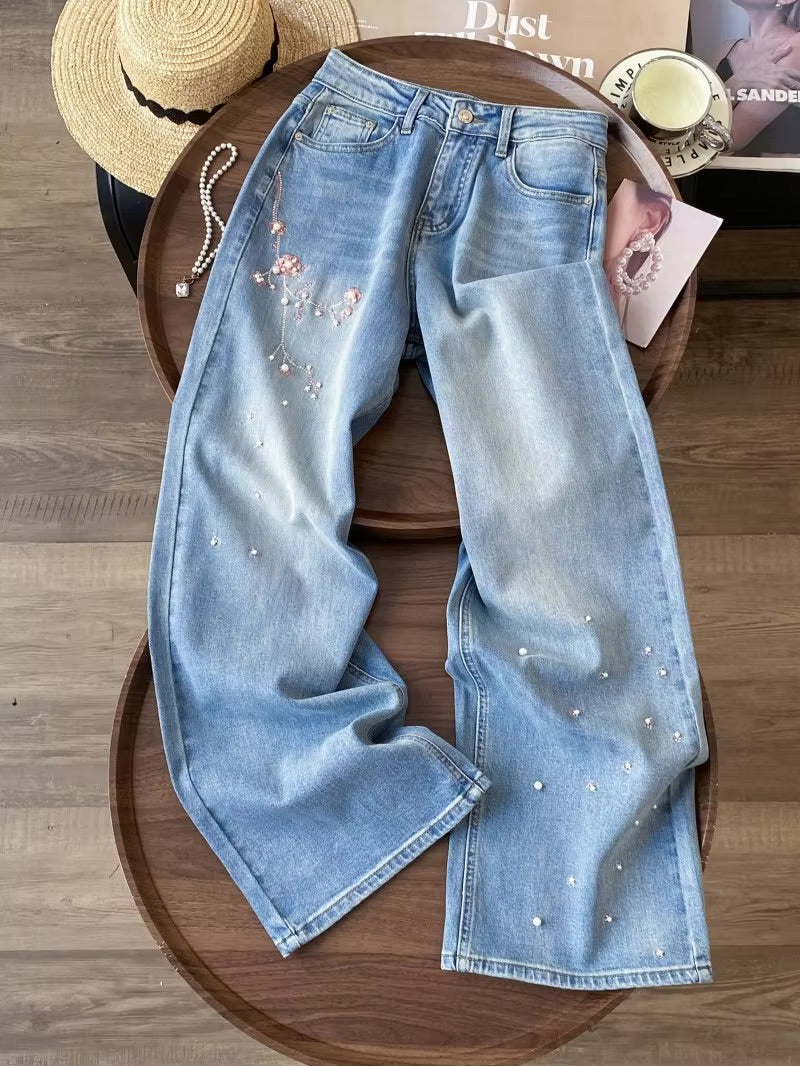 Y2K Pink Floral Embroidered Rhinestone Denim Jeans