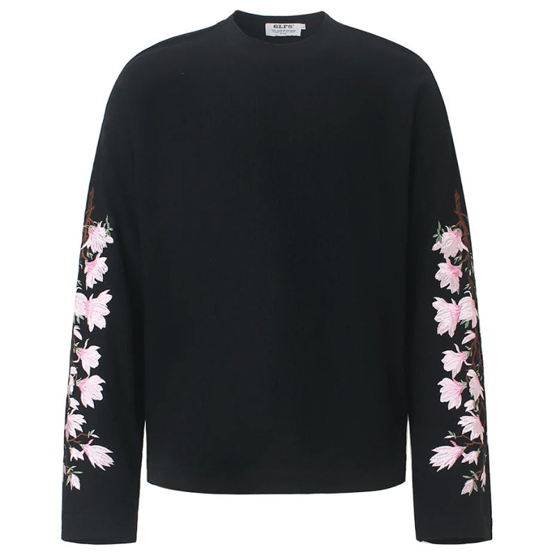 Y2K Pink Flower Embroidered Sleeves Long Sleeve Top