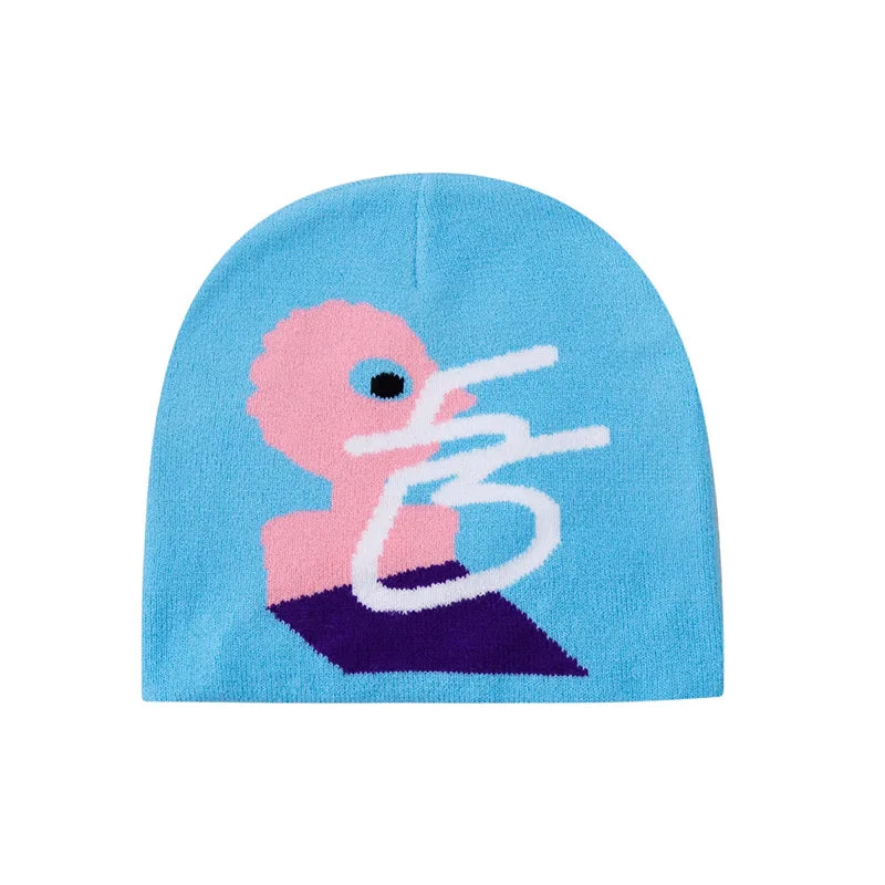 Y2K Pink Man Graphic Blue Beanie