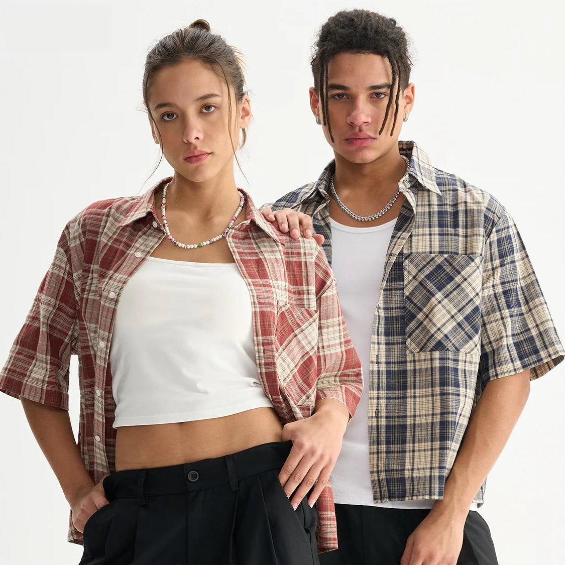 Y2K Plaid Cropped Short Sleeve Button Down Shirt