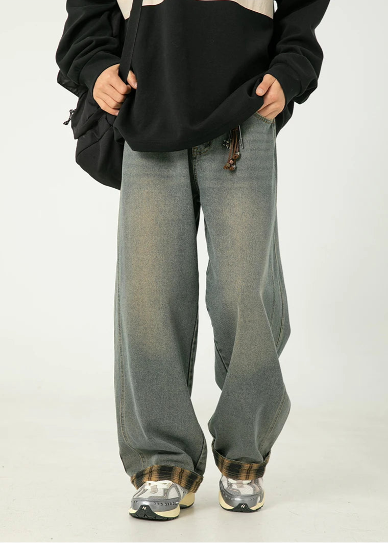 Y2K Plaid Cuff Washed Jeans