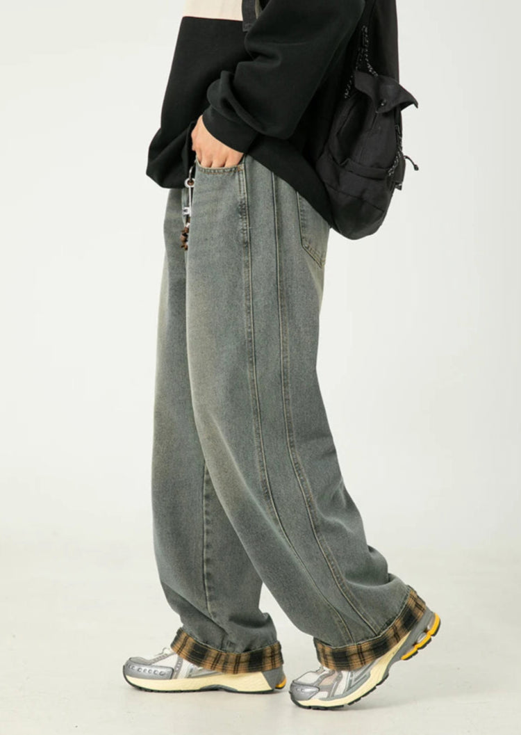 Y2K Plaid Cuff Washed Jeans
