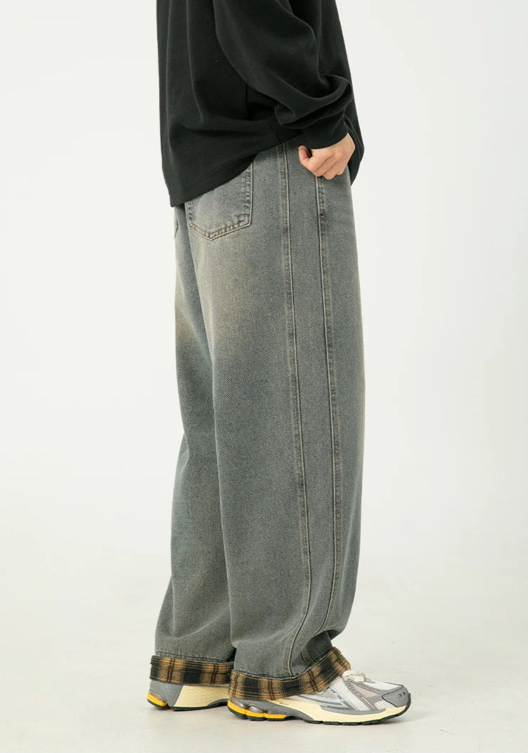 Y2K Plaid Cuff Washed Jeans