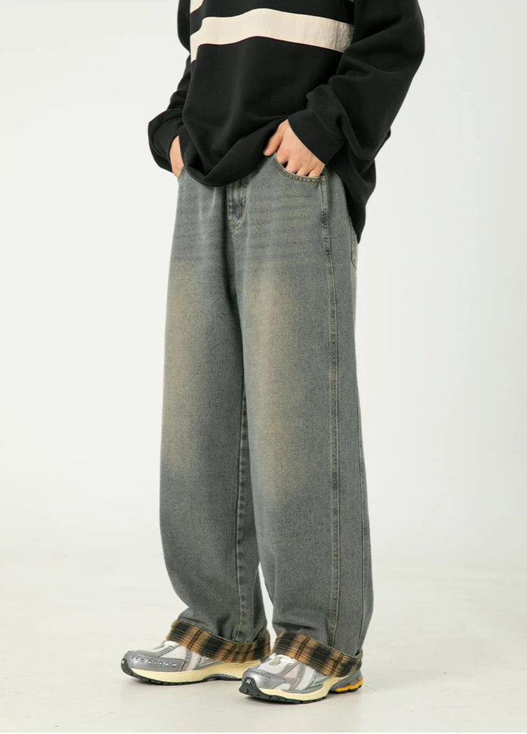 Y2K Plaid Cuff Washed Jeans