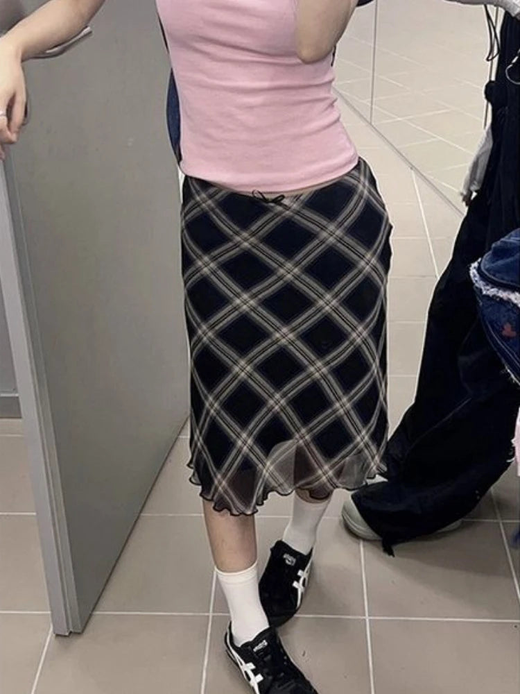 Y2K Plaid High Waist Midi Skirt