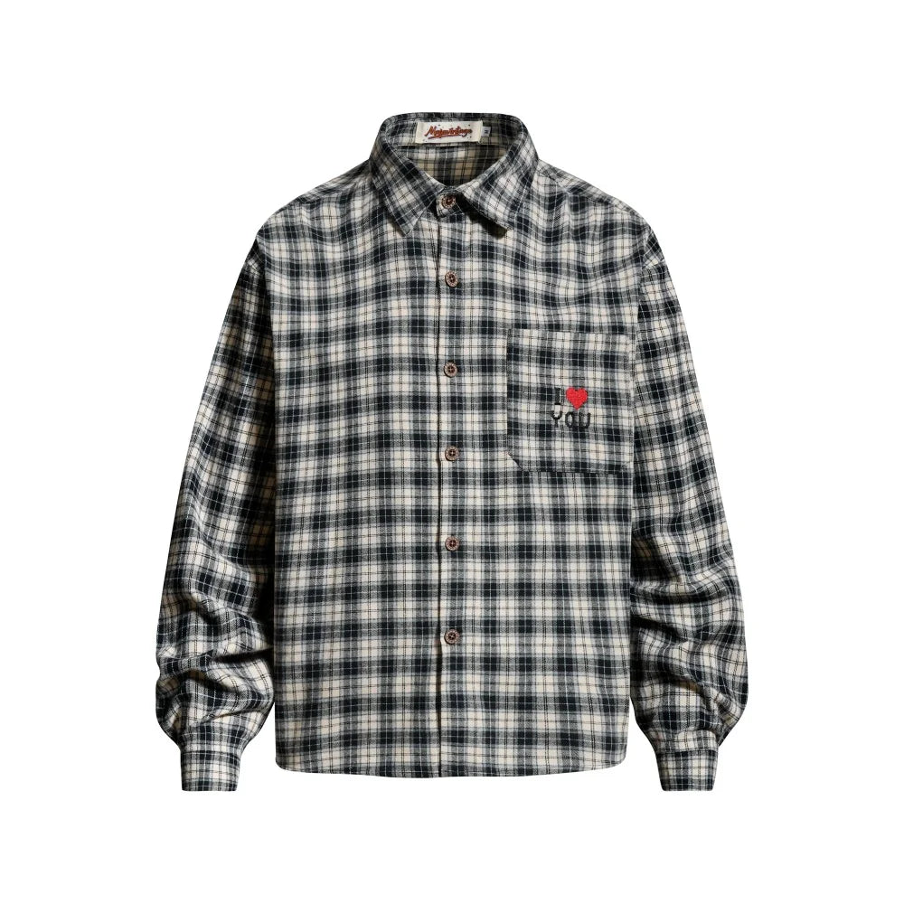 Y2K Plaid "I Love You" Embroidered Long Sleeve Shirt