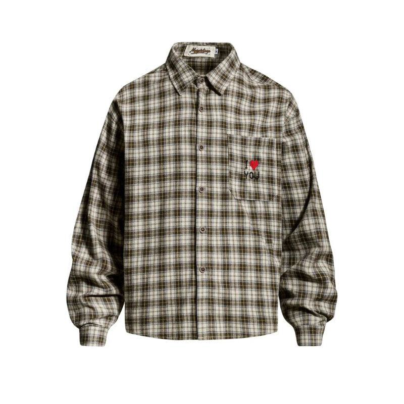 Y2K Plaid "I Love You" Embroidered Long Sleeve Shirt
