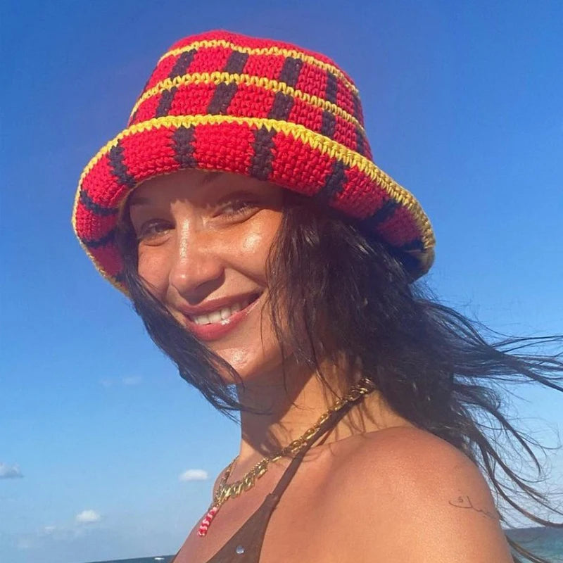 Y2K Plaid Knit Bucket Hat