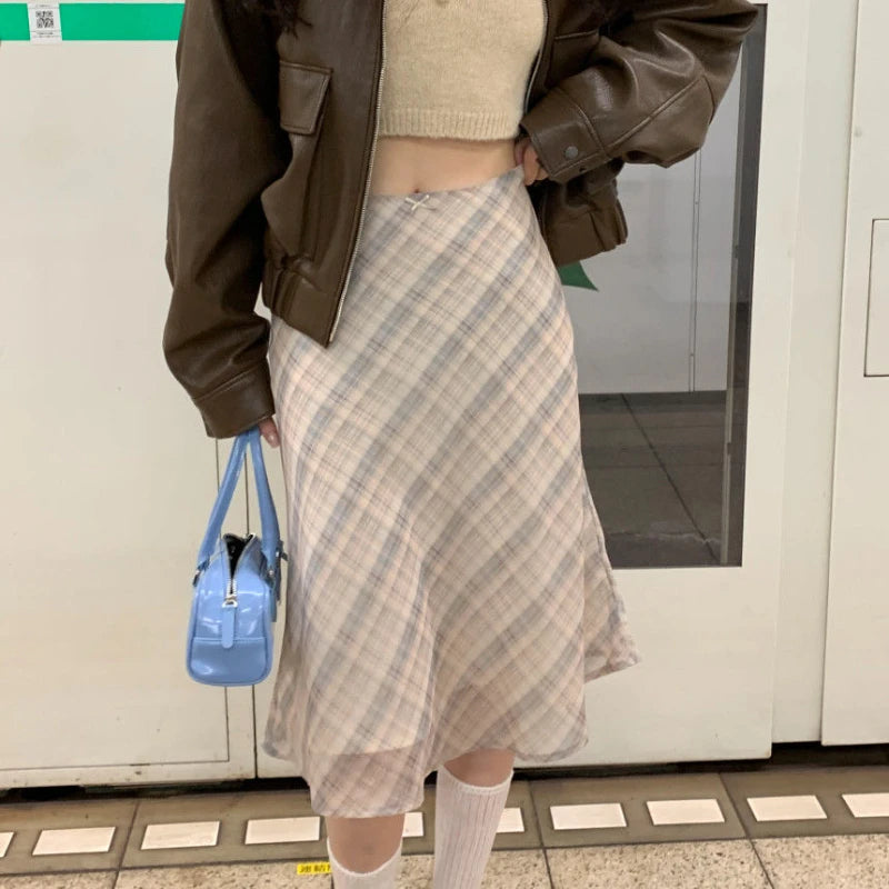 Y2K Plaid Mesh Layered Flowy Midi Skirt