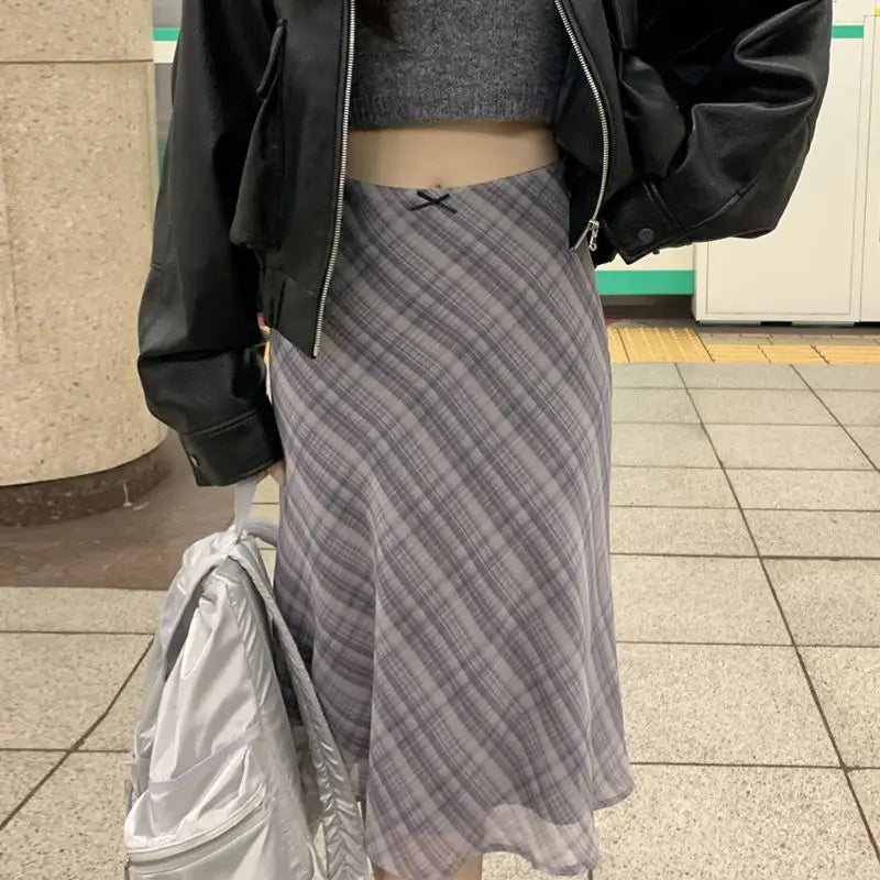 Y2K Plaid Mesh Layered Flowy Midi Skirt