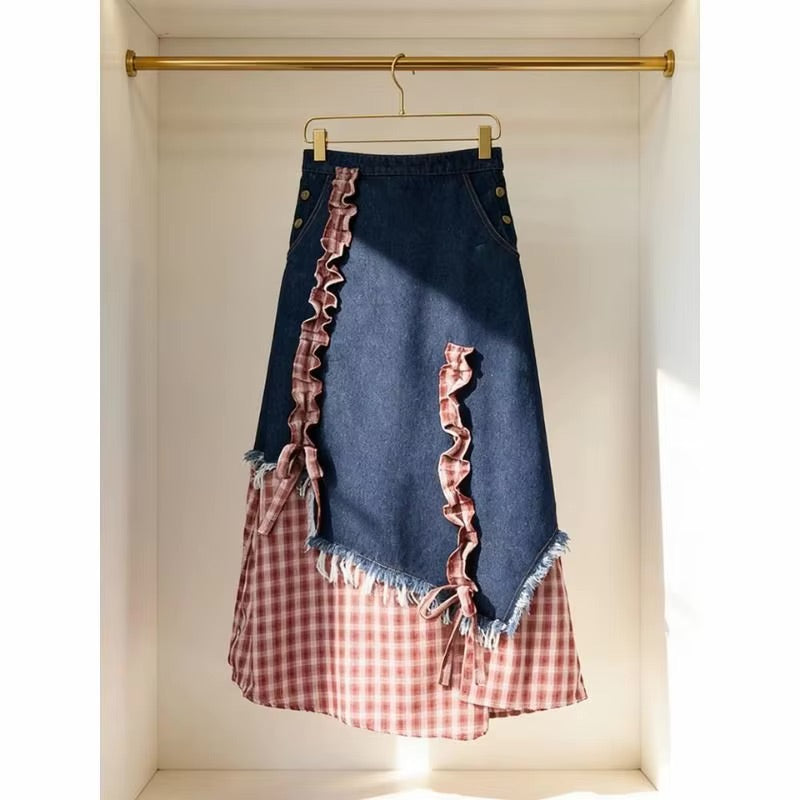Y2K Plaid Patchwork Denim A Line Midi Skirt