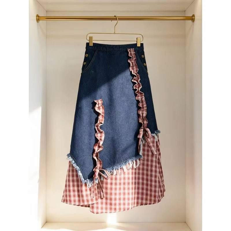 Y2K Plaid Patchwork Denim A Line Midi Skirt