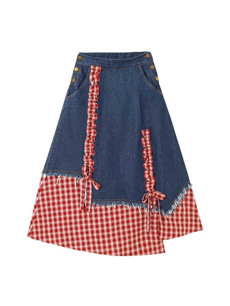 Y2K Plaid Patchwork Denim A Line Midi Skirt
