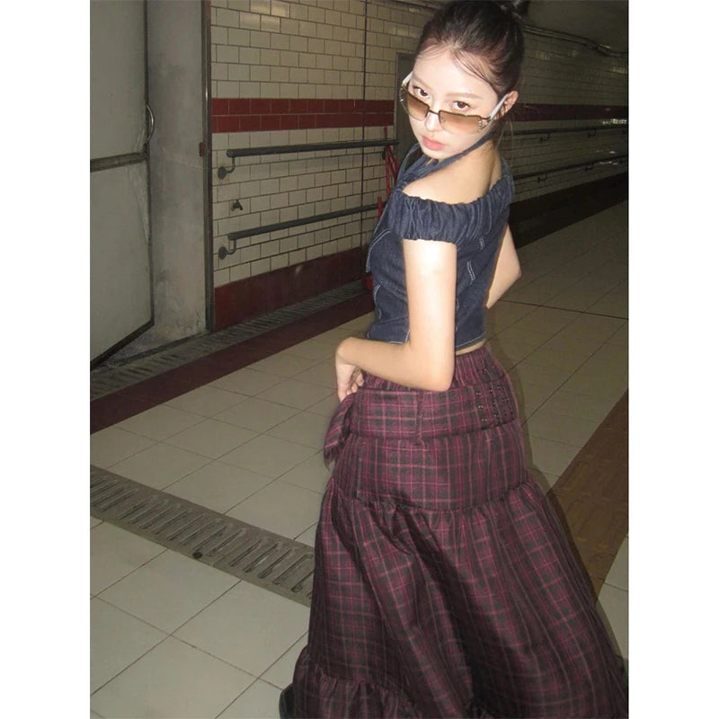 Y2K Plaid Patchwork Maxi Skirt