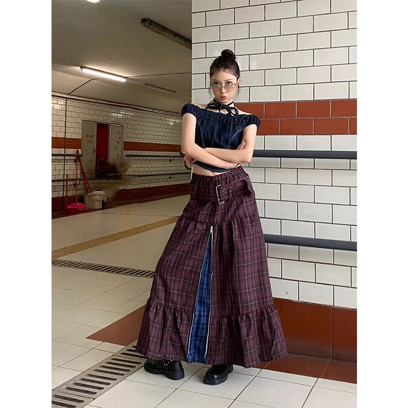 Y2K Plaid Patchwork Maxi Skirt