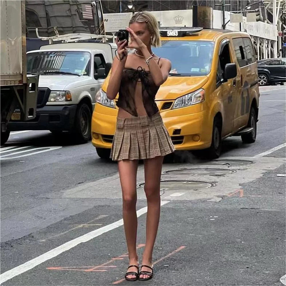 Y2K Plaid Pleated Khaki Mini Skirt