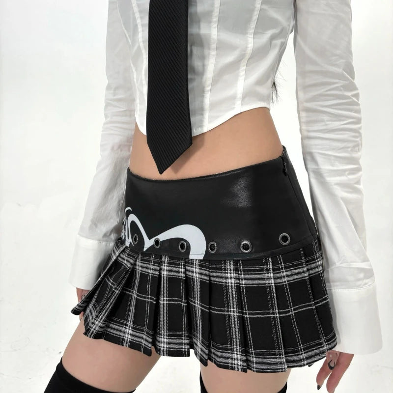 Y2K Plaid Pleated Splice Mini Skirt