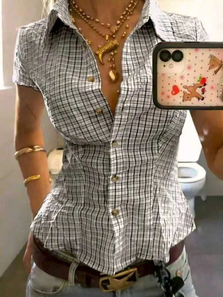 Y2K Plaid Short Sleeve Ruffled Hem Button Up Collared Shirt