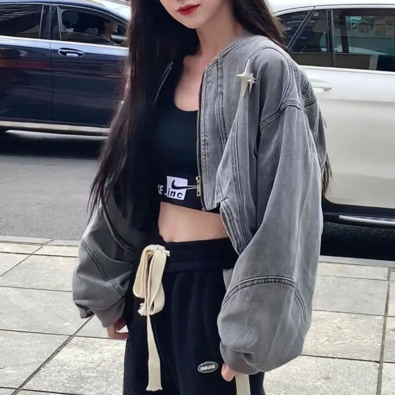 Y2K Pleated Baggy Cropped Denim Zip Up Jacket