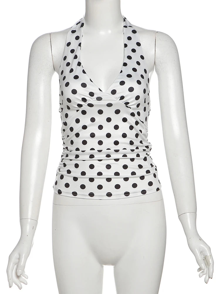 Y2K Polka Dot Low Cut Backless Halter Top