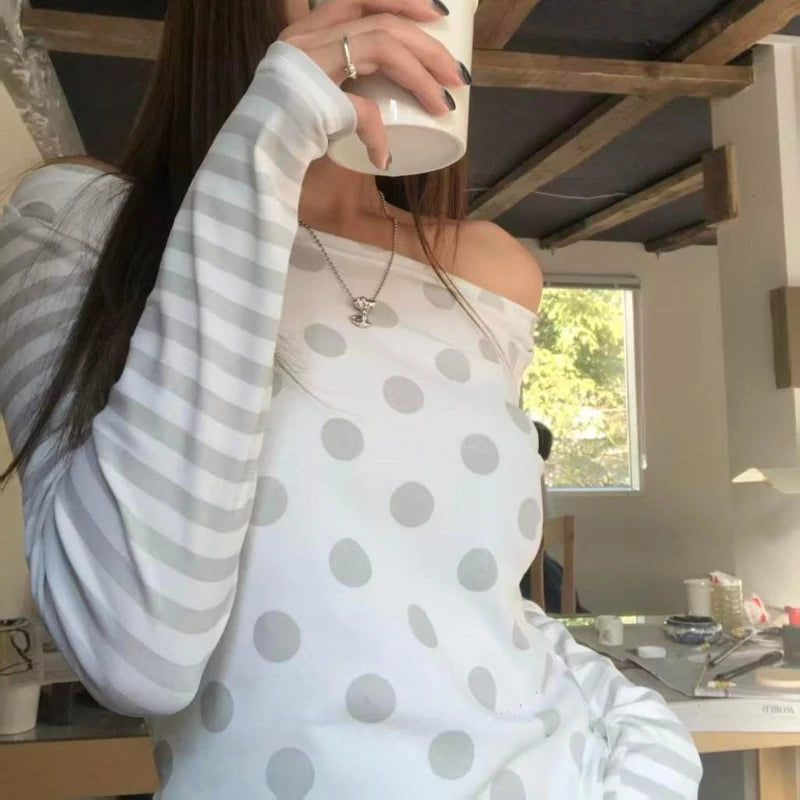 Y2K Polka Dot Striped Long Sleeve Off Shoulder Top