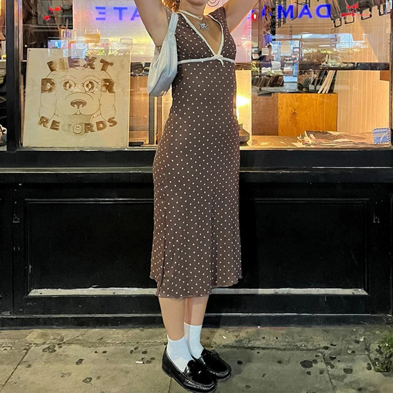 Y2K Polka Dot V Neck Midi Dress
