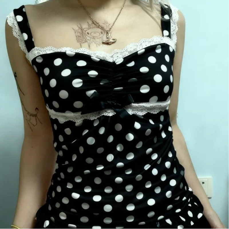Y2K Preppy Ruffled Polka Dot Lace Trim Tank Top