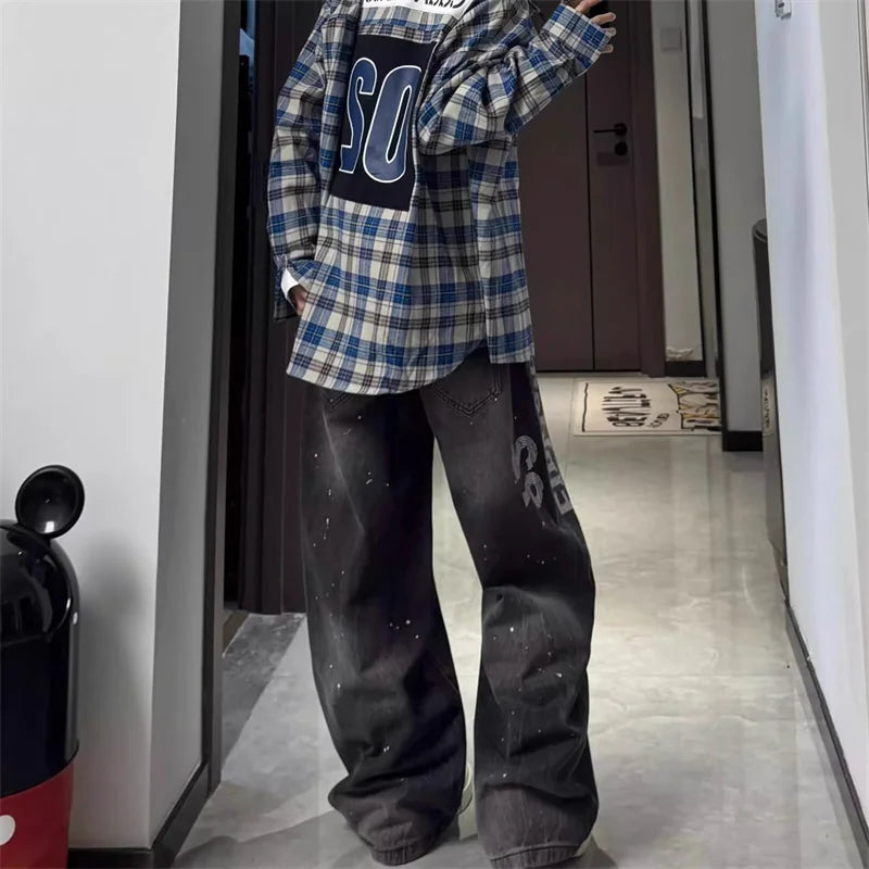 Y2K Printed Wide-Leg Distressed Jeans