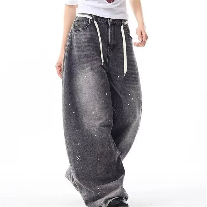 Y2K Printed Wide-Leg Distressed Jeans