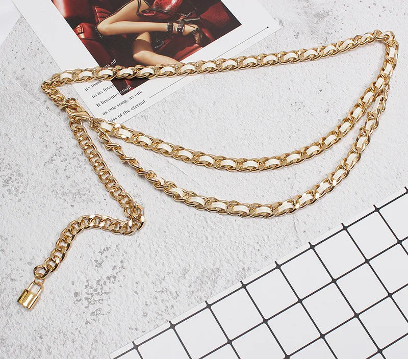Y2K Pu Leather Black Metal Chain Long Body Belt