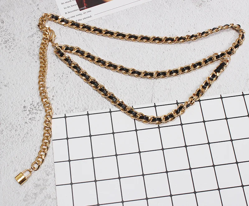 Y2K Pu Leather Black Metal Chain Long Body Belt