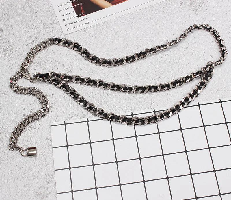 Y2K Pu Leather Black Metal Chain Long Body Belt