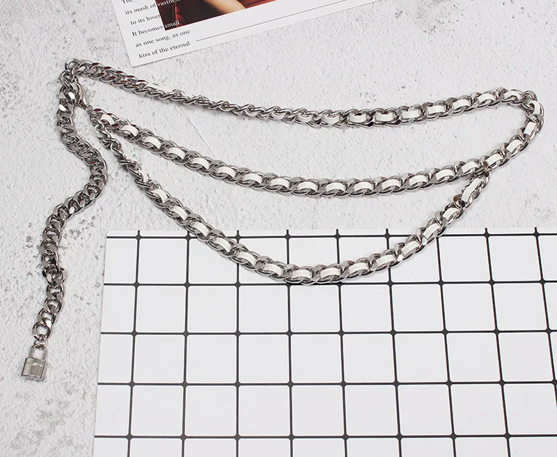 Y2K Pu Leather Black Metal Chain Long Body Belt