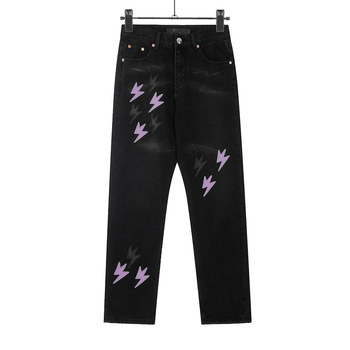 Y2K Pu Leather Patchwork Lightning Embroidery Washed Denim Jeans