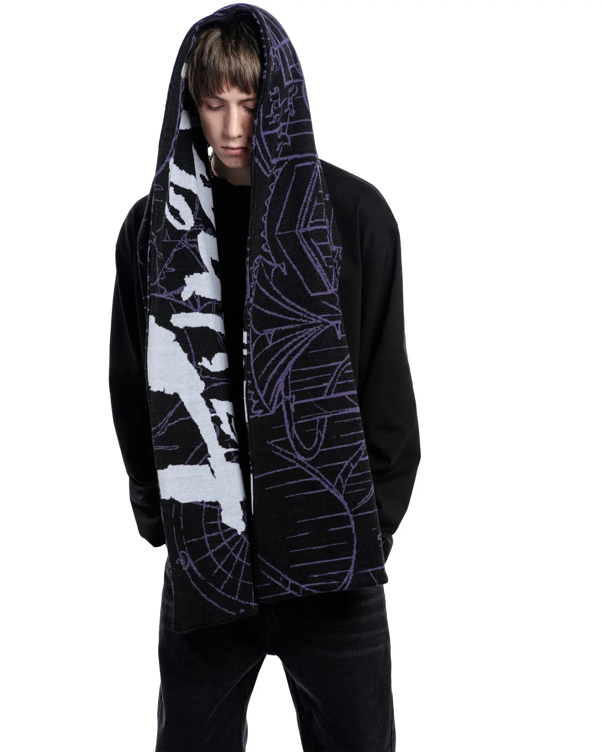 Y2K Purple and Black Graphic Text Shawl Scarf
