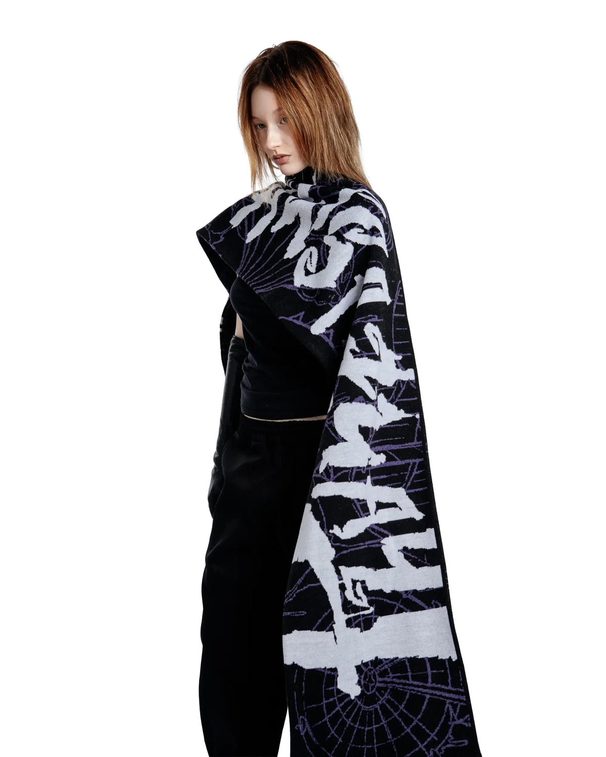 Y2K Purple and Black Graphic Text Shawl Scarf