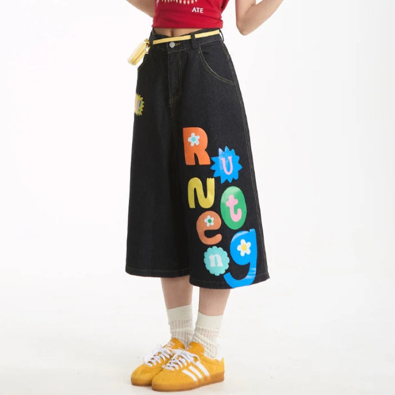 Y2K Rainbow Letter Baggy Jean Shorts Jorts