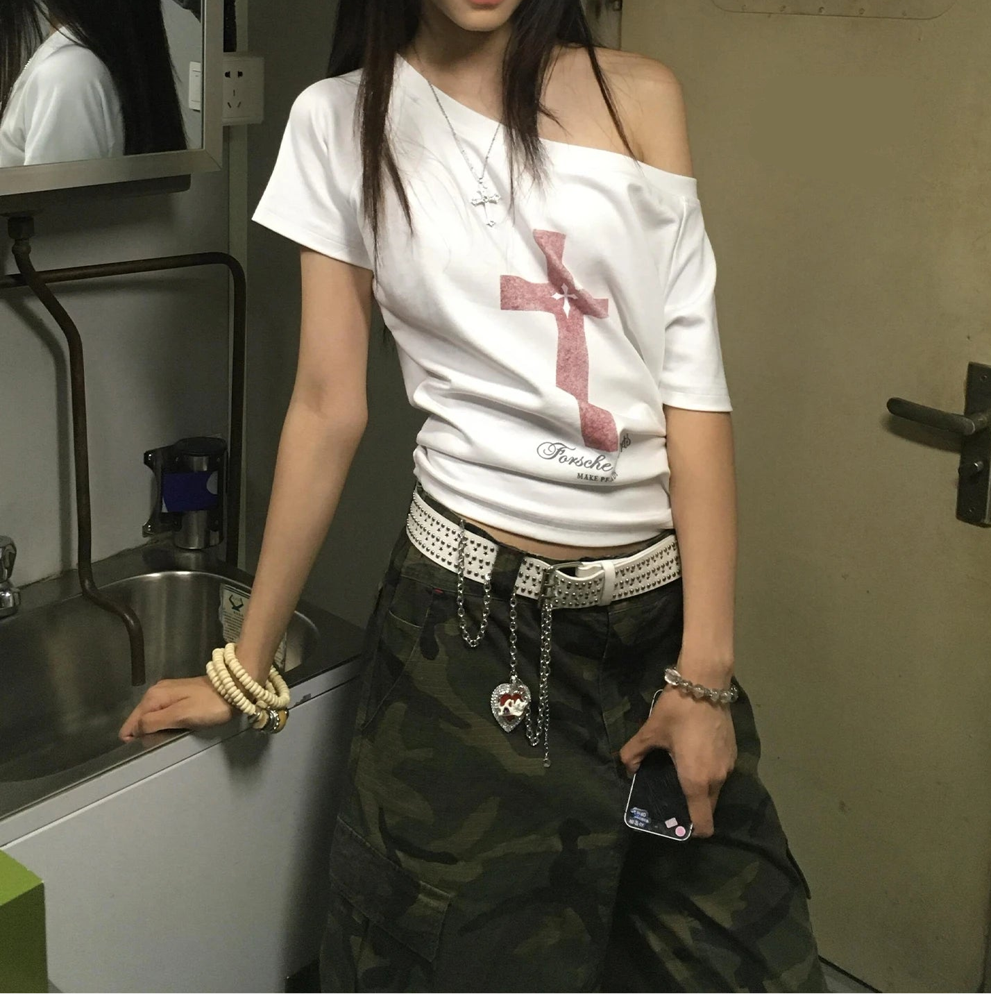 Y2K Red Cross Graphic Loose Off Shoulder Top