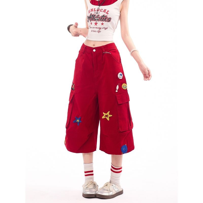 Y2K Red Embroidered Patches Cargo Jorts