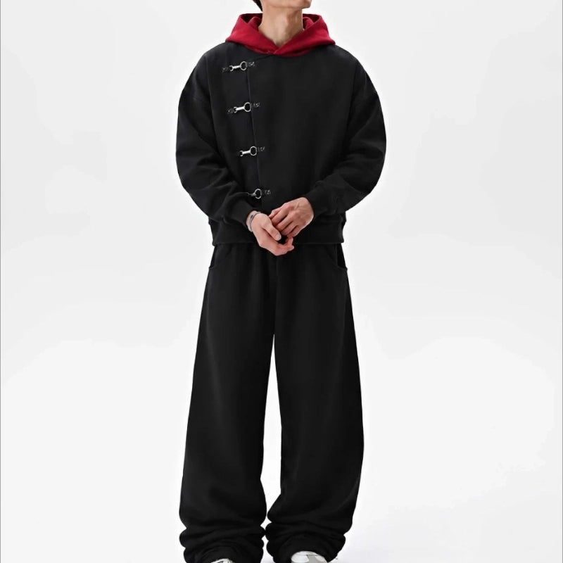 Y2K Red Hood Oversized Black Metal Clasp Hoodie