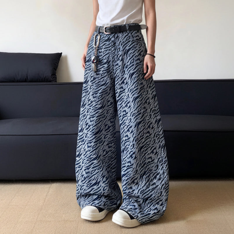 Y2K Retro Blue Jacquard Zebra Baggy Denim Barrel Jeans