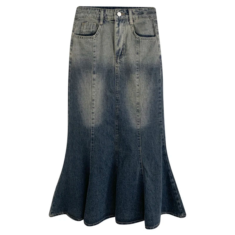 Y2K Retro Blue Mermaid Fishtail Denim Long Maxi Skirt