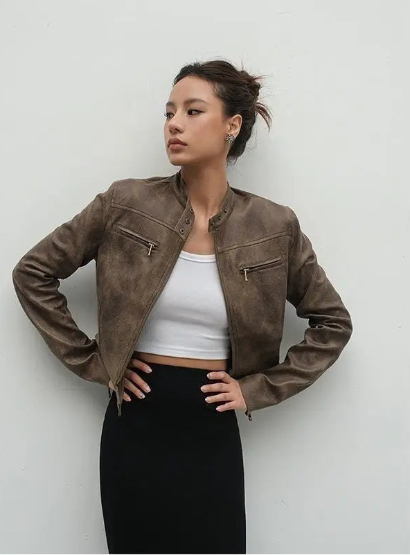 Y2K Retro Brown Suede Leather Jacket